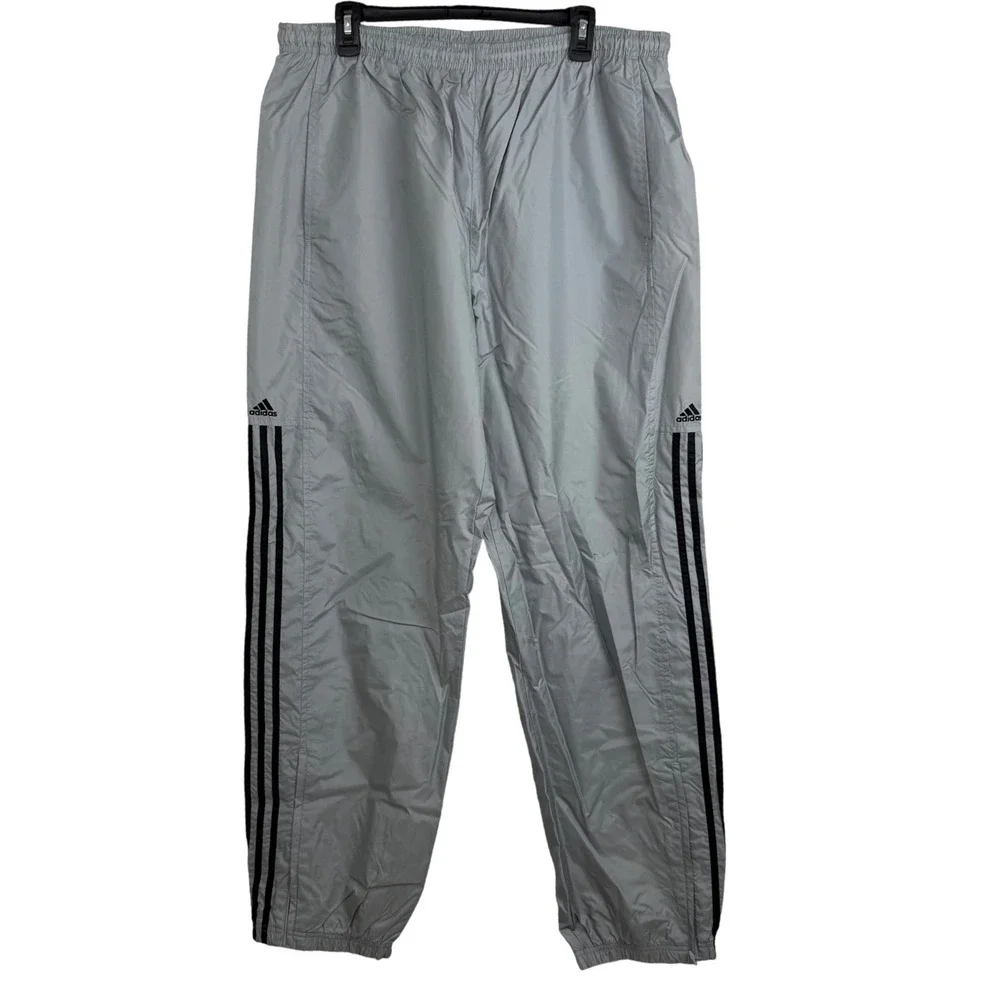 Adidas Grey Track Pants Black Three Stripes Windbreaker Joggers Mens XL Zip legs